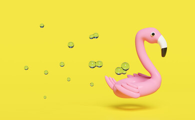3d pink Inflatable flamingo with water splash, copy space isolated on yellow background. 3d render illustration