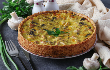 Homemade traditional french quiche pie with turkey, mushrooms and cheese in a plate on a dark gray background