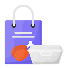 Fototapeta premium foodstuffs Takeout vector icon design, Retail Food delivery service symbol, Touch less Meal Courier Sign,Grocery pickup stock illustration, White Hamburger Lunch Box Packaging with recycle bag Concept