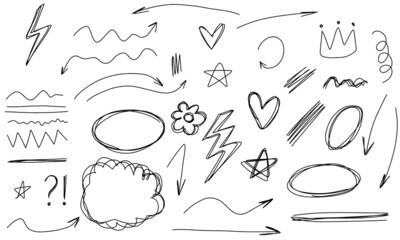 Doodle frames lines arrows flower star crown. Sketch set cute isolated collection for office.