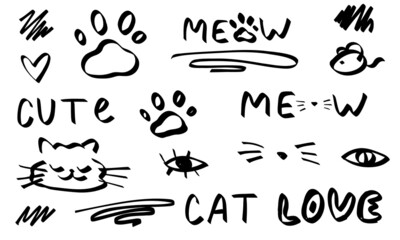 Doodle cats, paws, meow text. Sketch set cute isolated line collection for pets.