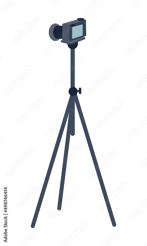 Poster camera on tripod semi flat color vector object. full sized item on white. making photos. device for 