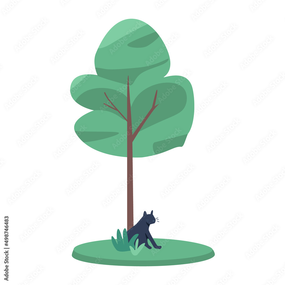 Poster young tree with black cat underneath semi flat color vector object. garden and park. full sized item