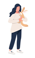 Girl creating cute fluffy toys semi flat color vector character. Standing figure. Stuffed animal. Full body person on white. Simple cartoon style illustration for web graphic design and animation