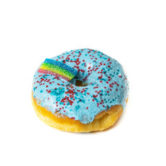 Fried donut with blue icing on a white background. Isolated