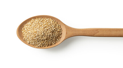 Raw quinoa grains in a large wooden spoon isolated on a white background. Cooking dry chenopodium quinoa macro. Superfood ingredient for gluten free dieting. Vegetarian healthy eating.