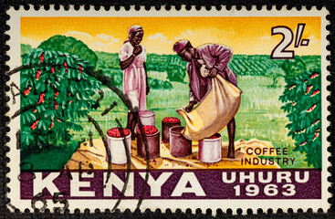 Kenya - CIRCA 1963: Coffee industry on vintage kenyan postage stamp Circa 1963.