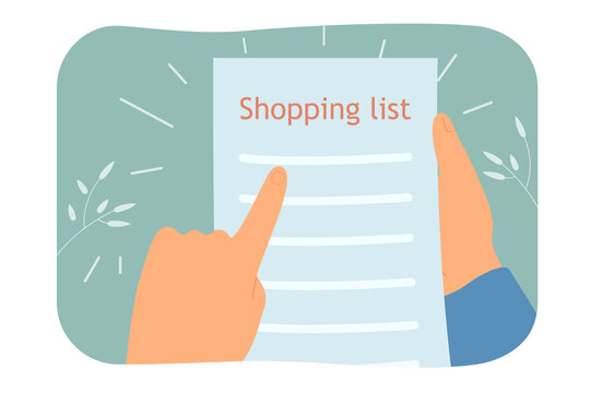 Hands holding shopping list with products or ingredients. Person planning grocery shopping flat vector illustration. Shopping, organization concept for banner, website design or landing web page
