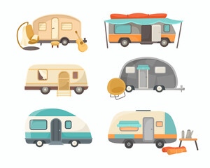 Various RV or house trailers cartoon illustration set. Vintage vans, mobile home or camping truck for travel, adventure, journey in summer family vacation. Campsite, camp, transportation concept