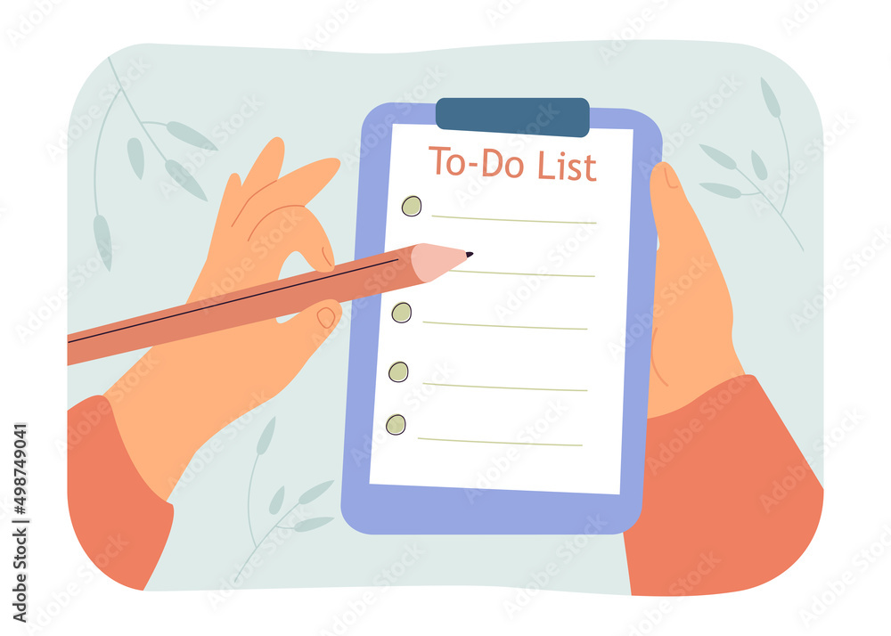 Poster hand writing tasks in to-do list on clipboard. person planning schedule flat vector illustration. ti