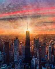 Obraz premium Real painting modern artistic artwork Chicago USA drawing in oil city center skyscrapers and architecture, America travel downtown, wall art print for canvas or paper poster, tourism production design