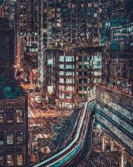 Real painting modern artistic artwork Chicago USA drawing in oil city center skyscrapers and architecture, America travel downtown, wall art print for canvas or paper poster, tourism production design