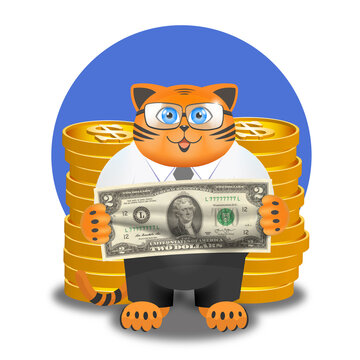 Illustration. Funny ginger smiling fat cat in a white shirt and black pants. Puss is a bank worker. Banknote of two dollars and large stacks of 3d gold coins