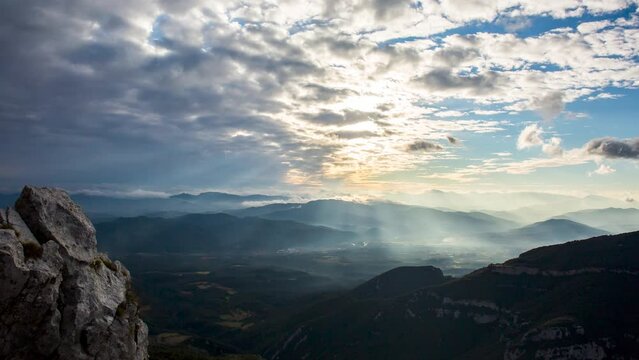 Time lapse of sunset in Mare De Deu Del Mont peak, La Garrotxa, Spain