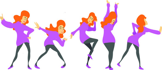 Obraz na płótnie Canvas Ilustracion vectorial de mujer de jersey morado bailando en 5 poses diferentes.