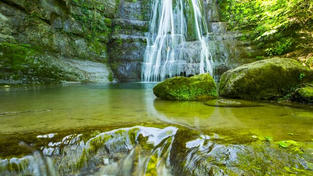 Time lapse scene of spring in Gorg De L Olla waterfall in La Garrotxa, Girona, Spain