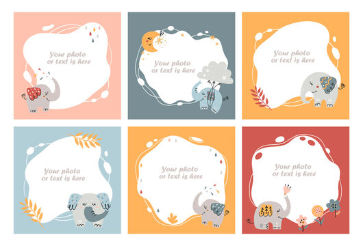 Elephant set of frames for kids photos, templates or invitations