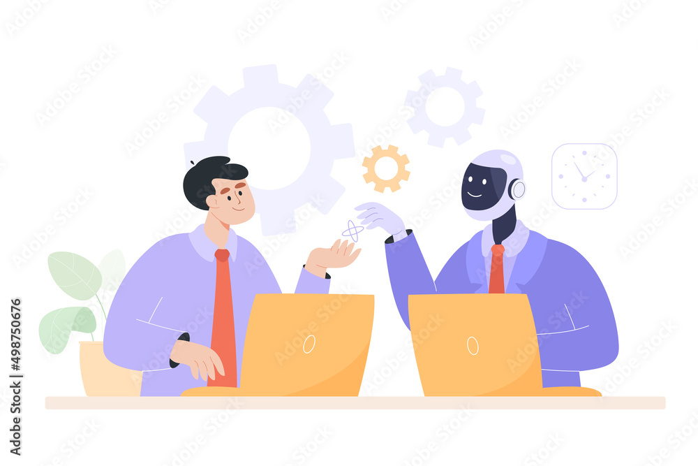 Poster office person smiling at robot character in workplace. future of workforce, human and cyborg working