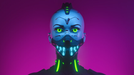 Portrait of a young bald cyberpunk girl with artificial green eyes, cyber implants, metal parts on her face, wears a protective sci-fi scary mask with glowing blue teeth. 3d render on a pink backdrop. © roman3d