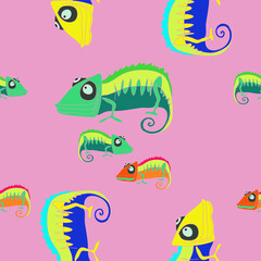 Seamless tylized colored chameleons. Hand drawn.