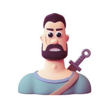 Portrait of an angry brunette hunter with a scar on his cheek, sword behind his back, beard, mustache, hairstyle, teeth. Avatar face, shoulders. Minimal art style. 3d render isolated on white backdrop