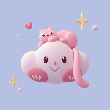 Fluffy pink cartoon cat lies on white cloud floating in air blue space with bubbles, stars, heart shape. Kawaii cloud with smiling face, eyes, nose, red cheeks. I Love You. 3d render in minimal style