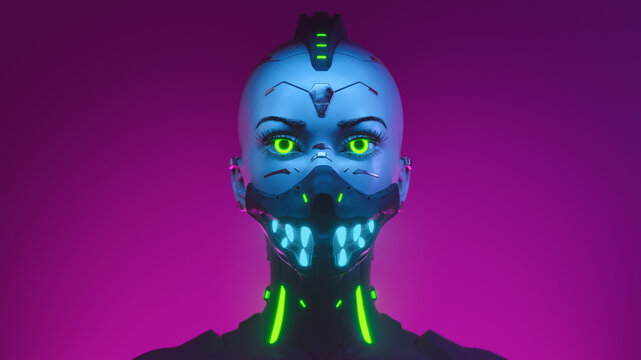 Portrait of a young bald cyberpunk girl with artificial green eyes, cyber implants, metal parts on her face, wears a protective sci-fi scary mask with glowing blue teeth. 3d render on a pink backdrop.