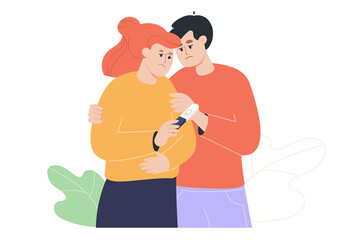 Sad man hugging woman holding pregnancy test. Infertile couple, male and female characters with problem flat vector illustration. Fertility concept for banner, website design or landing web page