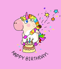Birthday greeting card with unicorn firecracker and cake 