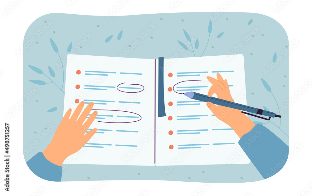 Poster hands of student doing test or writing in planner. person writing in notebook with pen and highlight