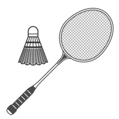 Badminton racquet and shuttlecock, badminton ball with feather and rocket, emblem, vector - obrazy, fototapety, plakaty