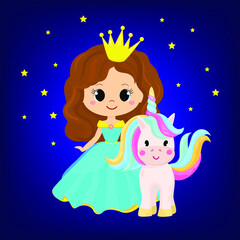 Vector illustration of Cute Cartoon fairy tale Princess and Unicorn starry sky