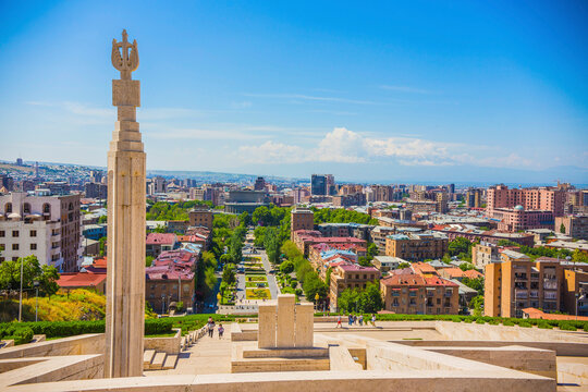 Aerial view of Yerevan city from the Cascade art complex viewpoint in Yerevan, Armenia