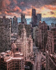 Fototapeta premium Real painting modern artistic artwork Chicago USA drawing in oil city center skyscrapers and architecture, America travel downtown, wall art print for canvas or paper poster, tourism production design
