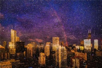 Real painting modern artistic artwork Chicago USA drawing in oil city center skyscrapers and architecture, America travel downtown, wall art print for canvas or paper poster, tourism production design © Mashkhurbek