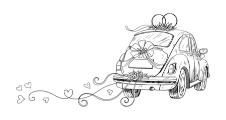 Wedding car with ribbons and flowers in sketch style. Wedding illustration for invitations and cards, newlyweds. Illustration isolated on white background.