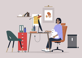 A young female Caucasian character working with a cat on their lap, home office interior