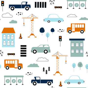 Cartoon city street seamless pattern. Baby creative print in Scandinavian style. Vector car, building, trees, road sign, parking, clouds. Wallpaper for the childish room. Wall sticker.
