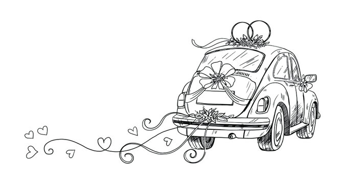 Wedding car with ribbons and flowers in sketch style. Wedding illustration for invitations and cards, newlyweds. Vector illustration isolated on white background.