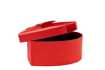 Red box in shape of heart. Gift box for Valentine's Day. Isolated on white background.