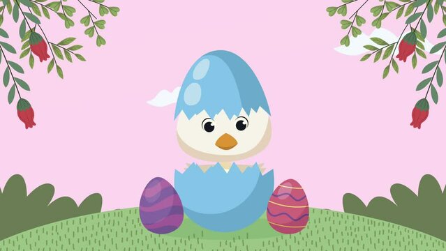 happy easter animation with baby duck in egg scene