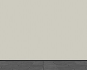 Helle leere Wand mit Raufaser-Tapete, Fußleiste und dunkelgrauen Steinfliesen,  Ersatz-Hintergrund, Werbefläche, 