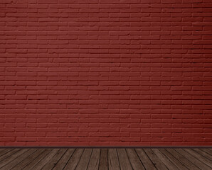 Leere Wand aus Backstein, Farbe rot mit Holzfußboden, Werbefläche, Ersatz-Hintergrund, 
