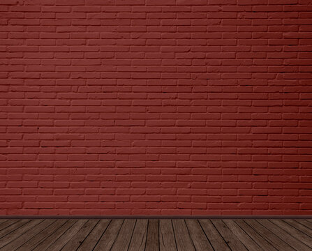 Leere Wand aus Backstein, Farbe rot mit Holzfu&szlig;boden, Werbefl&auml;che, Ersatz-Hintergrund, 