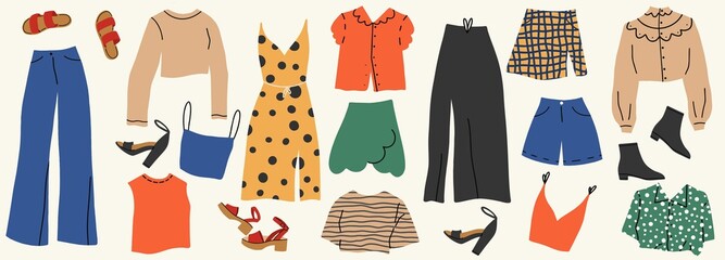Large collection of trendy casual and formal outfits. Hipster clothing or trendsetter. Flat cartoon colorful vector illustration.