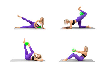 Collage of fitness exercises with small ball. Adult athletic caucasian woman practice floor gymnastics, 4 drills, isolated on white.