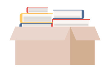 Cardboard box with books icon. Stacks or pile of books packed in container sign. Favorite book. Reading. Vector flat illustration