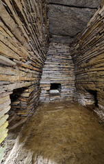 Cuween Hill prehistoric chambered cairn Neolithic communal tomb. Orkney, Scotland. Main chamber...