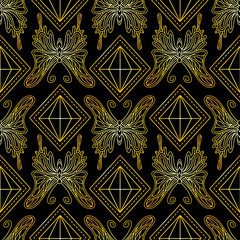 Seamless pattern with golden butterflies and diamonds on a black background. Golden pattern with butterflies. Vector illustration
