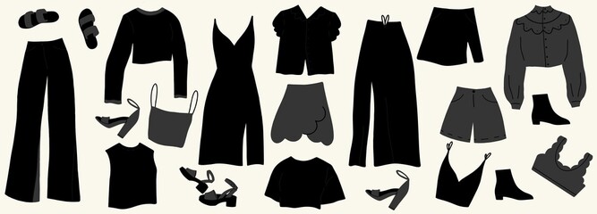 Fototapeta premium Large collection of trendy black casual and formal wear. Hipster clothing or trendsetter. Flat cartoon colorful vector illustration.